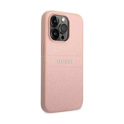 Guess Hülle Saffiano Metal Logo Stripes Pink - iPhone 14 Pro