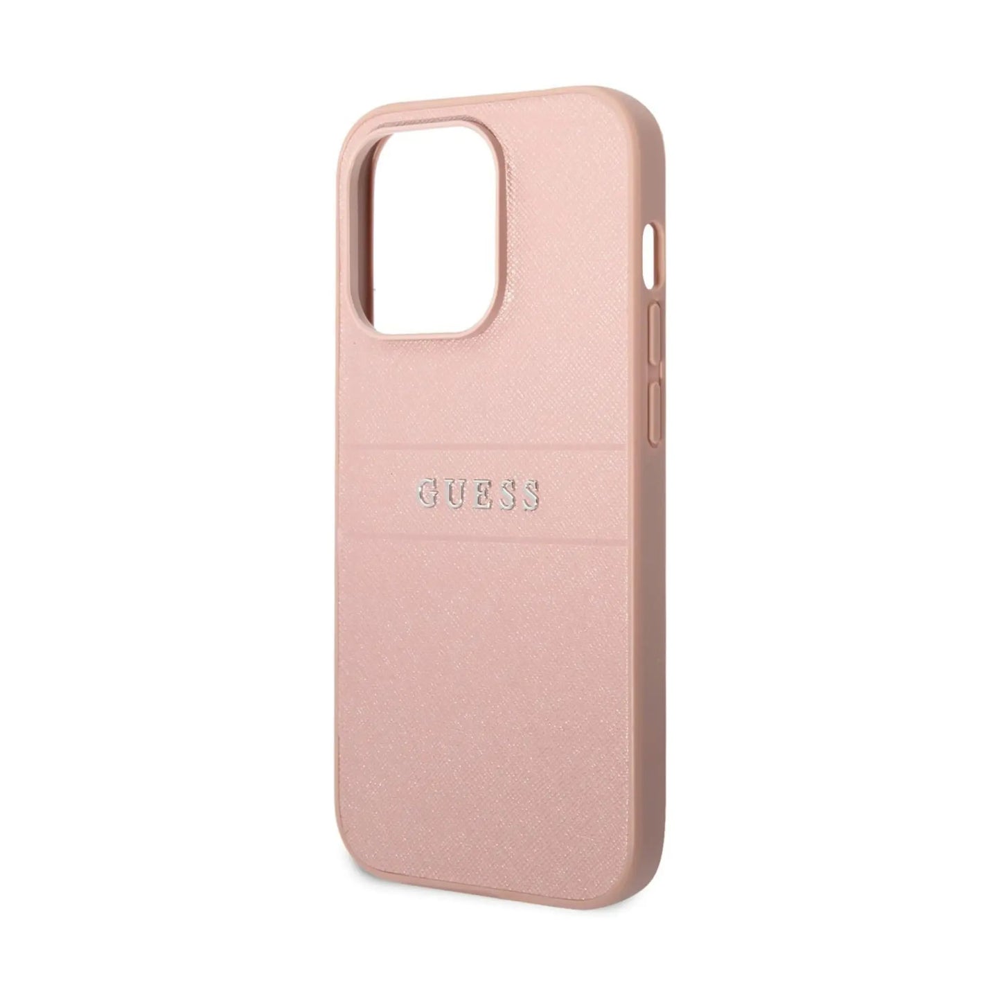 Guess Hülle Saffiano Metal Logo Stripes Pink - iPhone 14 Pro