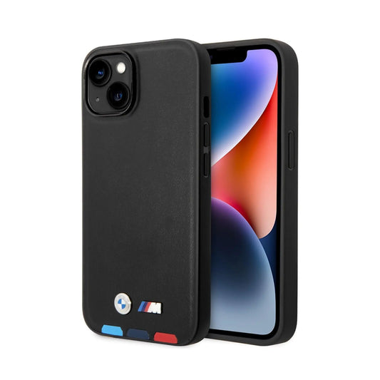 BMW iPhone 14 Plus Hülle, Schwarz – Leder Hot Stamp Tricolor MagSafe