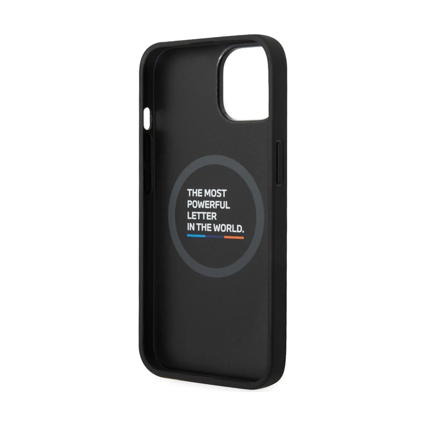 BMW iPhone 14 Plus Hülle, Schwarz – Leder Hot Stamp Tricolor MagSafe