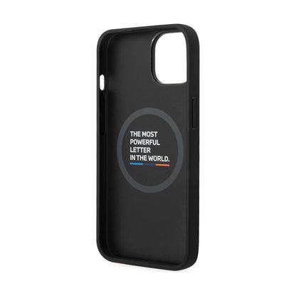 BMW iPhone 14 Plus Hülle, Schwarz – Leder Hot Stamp Tricolor MagSafe