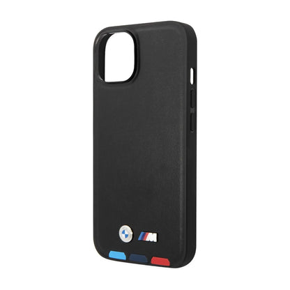BMW iPhone 14 Plus Hülle, Schwarz – Leder Hot Stamp Tricolor MagSafe
