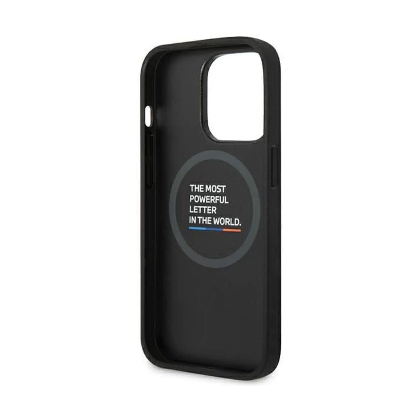 BMW iPhone 14 Pro Max Hülle, Schwarz – Leder Hot Stamp Tricolor MagSafe