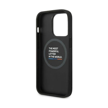 BMW iPhone 14 Pro Max Hülle, Schwarz – Leder Hot Stamp Tricolor MagSafe