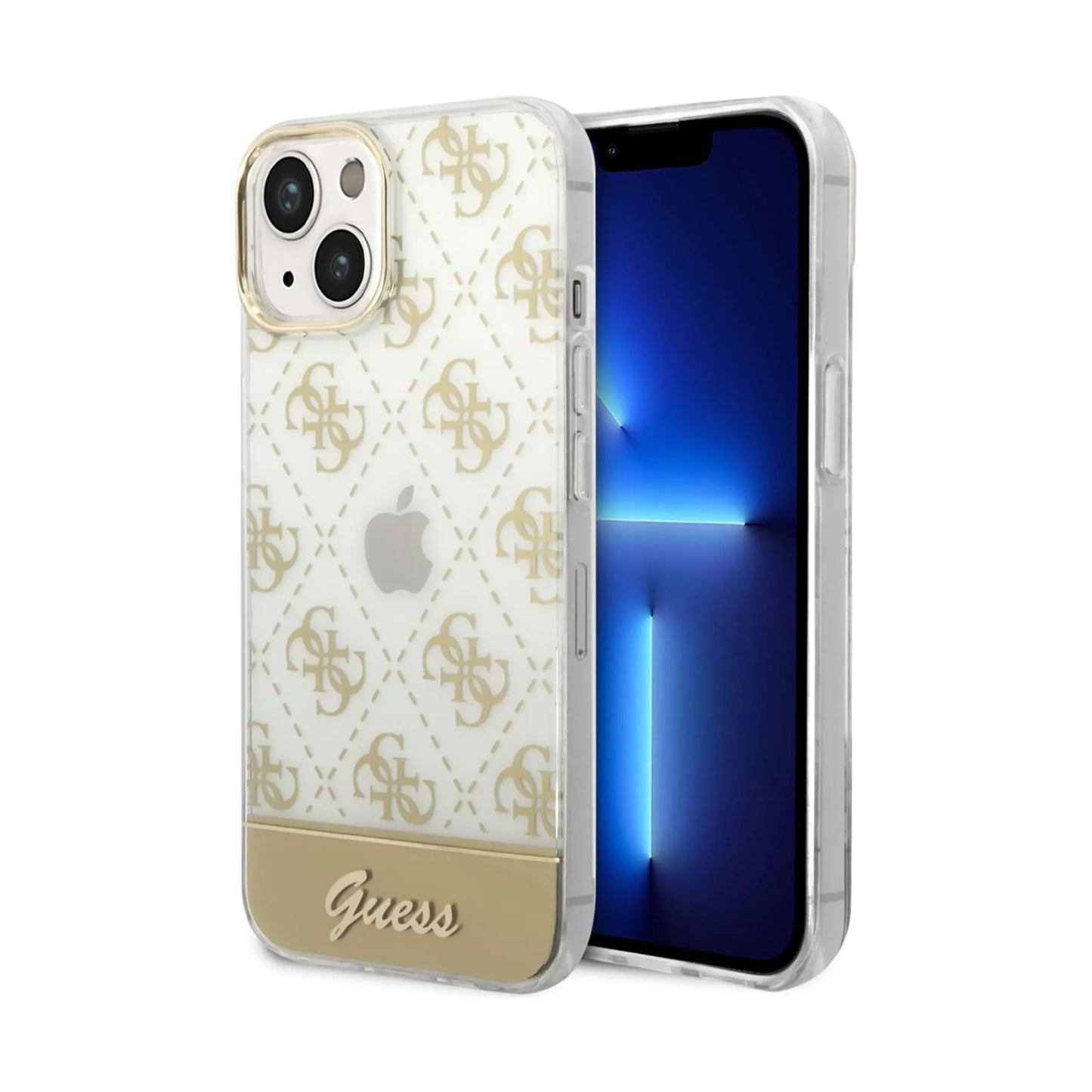 Guess iPhone 14 Plus Hülle, Gold – 4G Stripe Script Logo