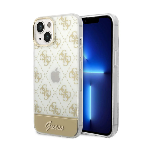 Guess iPhone 14 Plus Hülle, Gold – 4G Stripe Script Logo