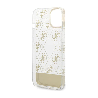 Guess iPhone 14 Plus Hülle, Gold – 4G Stripe Script Logo