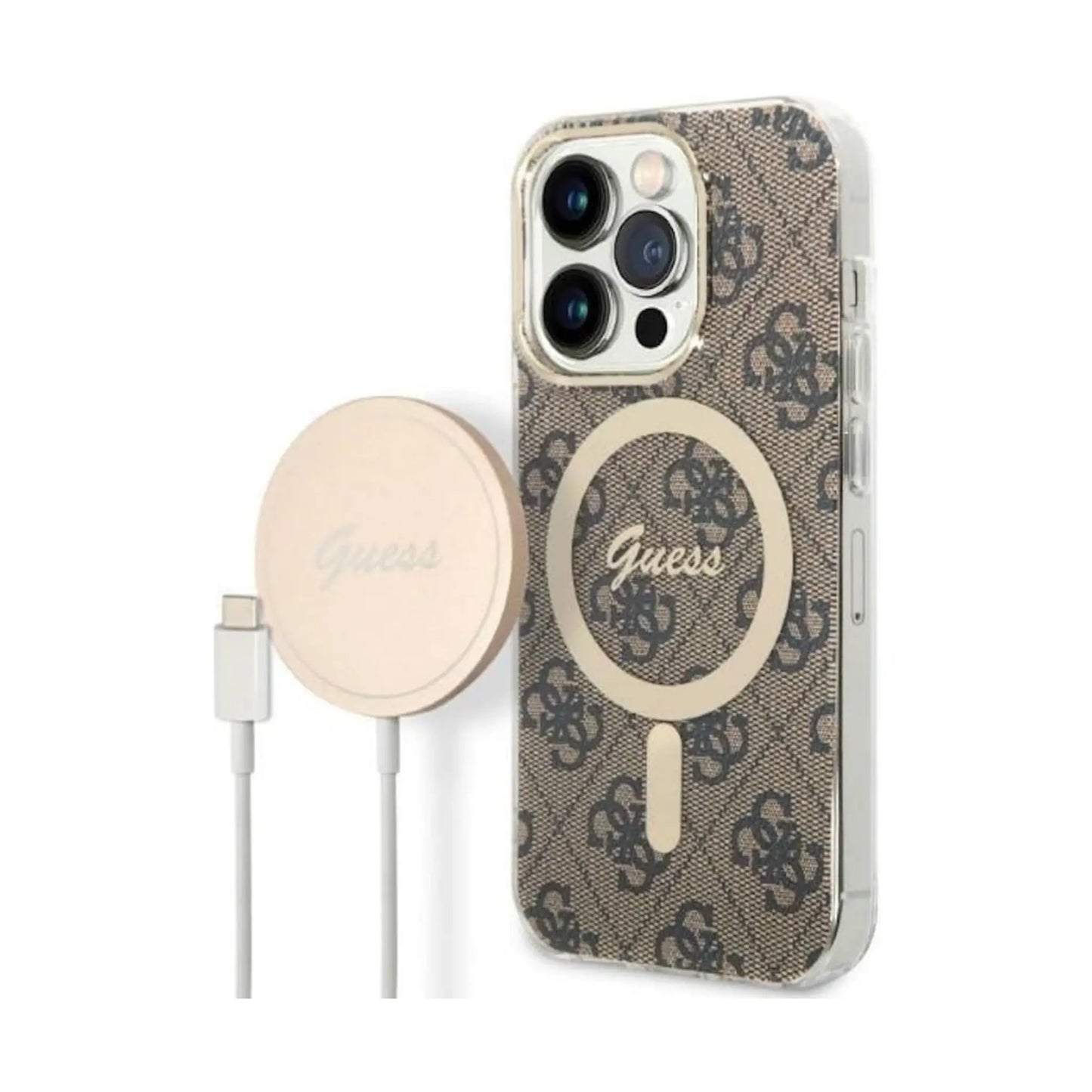 Guess 4G Bundle Pack MagSafe Case & Charger, Braun/Gold – iPhone 14 Pro