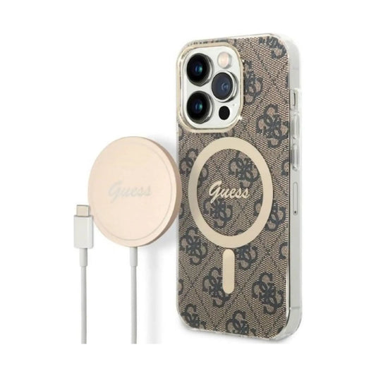 Guess 4G Bundle Pack MagSafe Case & Charger, Braun/Gold – iPhone 14 Pro