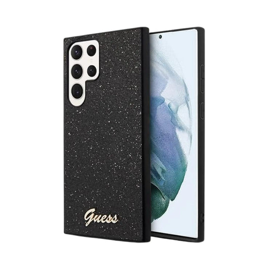 Guess Glitter Flakes Metal Logo Hülle Schwarz – Samsung Galaxy S23 Ultra