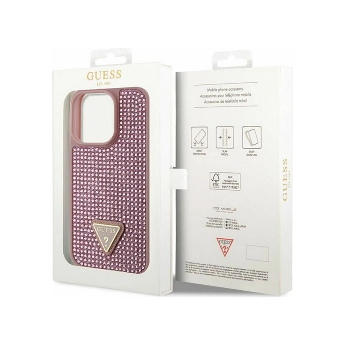 Guess Hülle Triangle Metal Logo Strass Rosa – iPhone 14 Pro Max