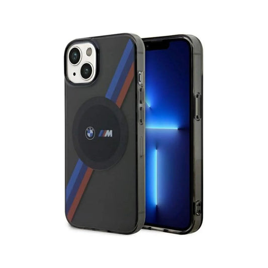 BMW iPhone 14 Hülle BMHMP14SHDTK, Grau – Tricolor Stripes MagSafe