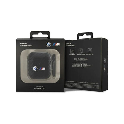 BMW AirPods 1/2 Hülle, Schwarz – Carbon Doppel Metall Logo