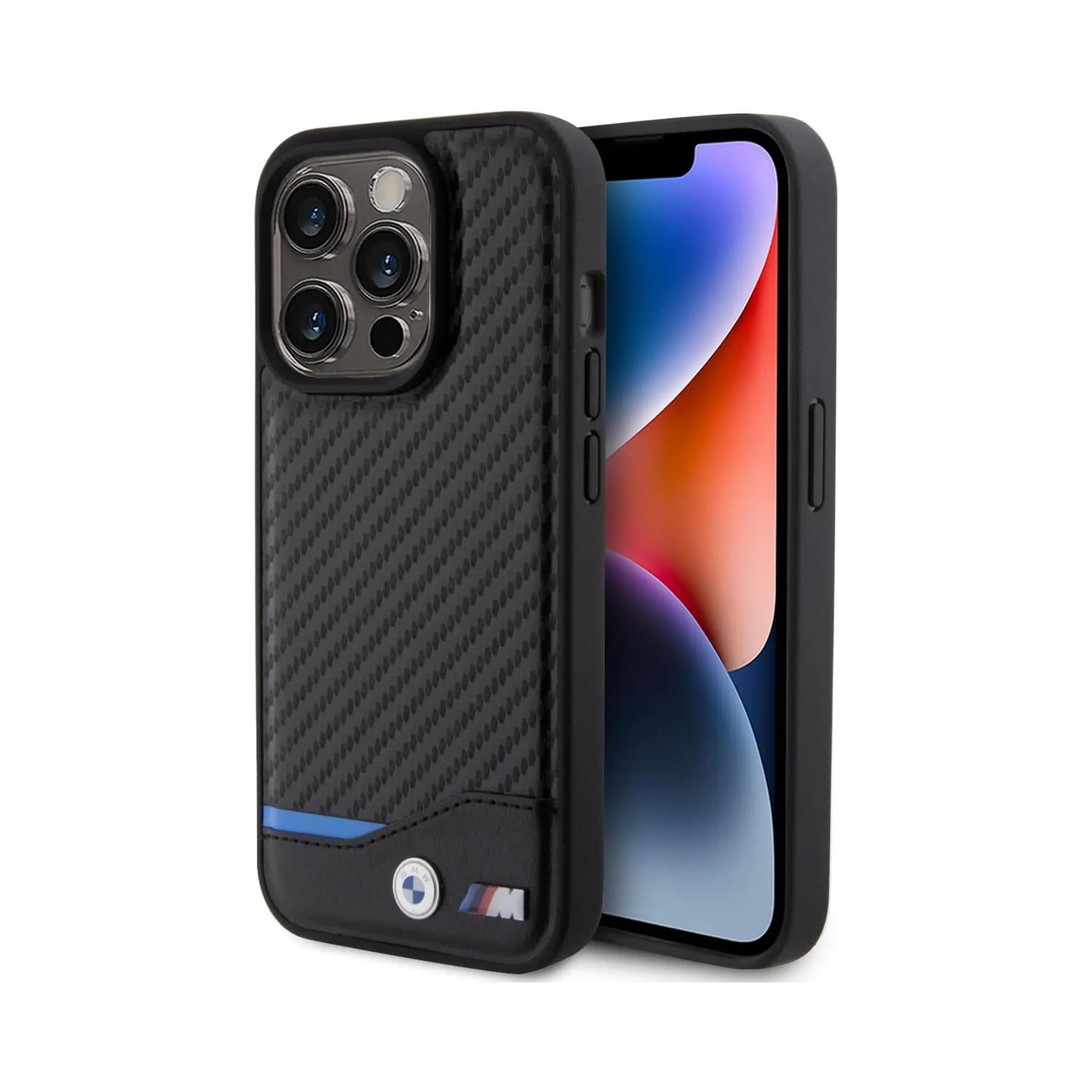 BMW iPhone 13 Hülle, Schwarz – Leather Carbon Blue Line
