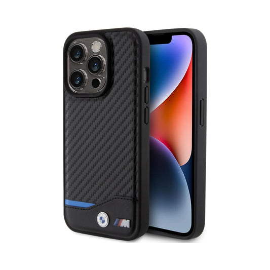 BMW iPhone 13 Hülle, Schwarz – Leather Carbon Blue Line