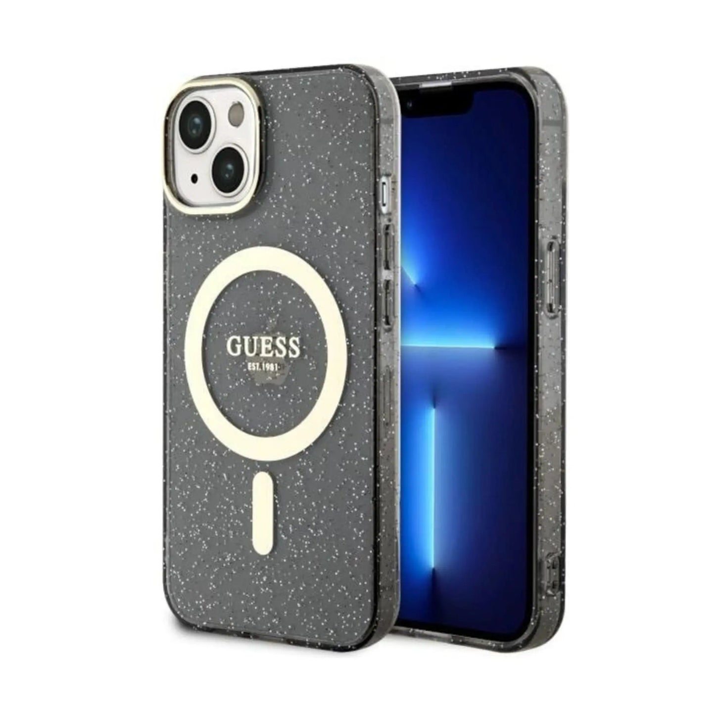 Guess Glitter Gold MagSafe Hülle für iPhone 14 – Schwarz