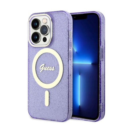 Guess Glitter Gold Hülle Lila für Magsafe – iPhone 14 Pro