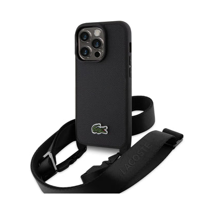 Lacoste iPhone 15 Pro Hülle, Schwarz – Iconic Petit Piqué Crossbody