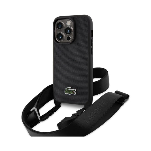 Lacoste iPhone 15 Pro Hülle, Schwarz – Iconic Petit Piqué Crossbody