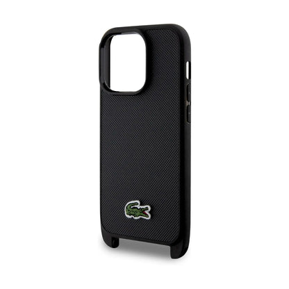 Lacoste iPhone 15 Pro Hülle, Schwarz – Iconic Petit Piqué Crossbody
