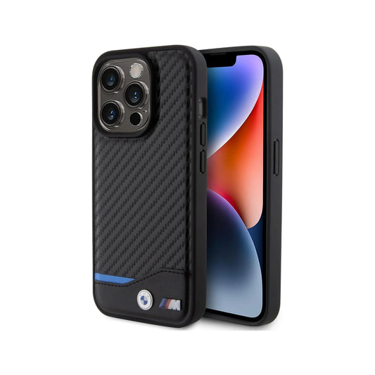 BMW iPhone 15 Hülle, Schwarz – Leder Carbon Blue Line