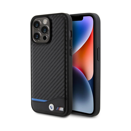 BMW iPhone 15 Pro Max Hülle, Schwarz – Leder Carbon Blue Line