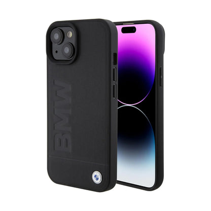 BMW iPhone 15 Hülle, Schwarz – Leder Hot Stamp MagSafe