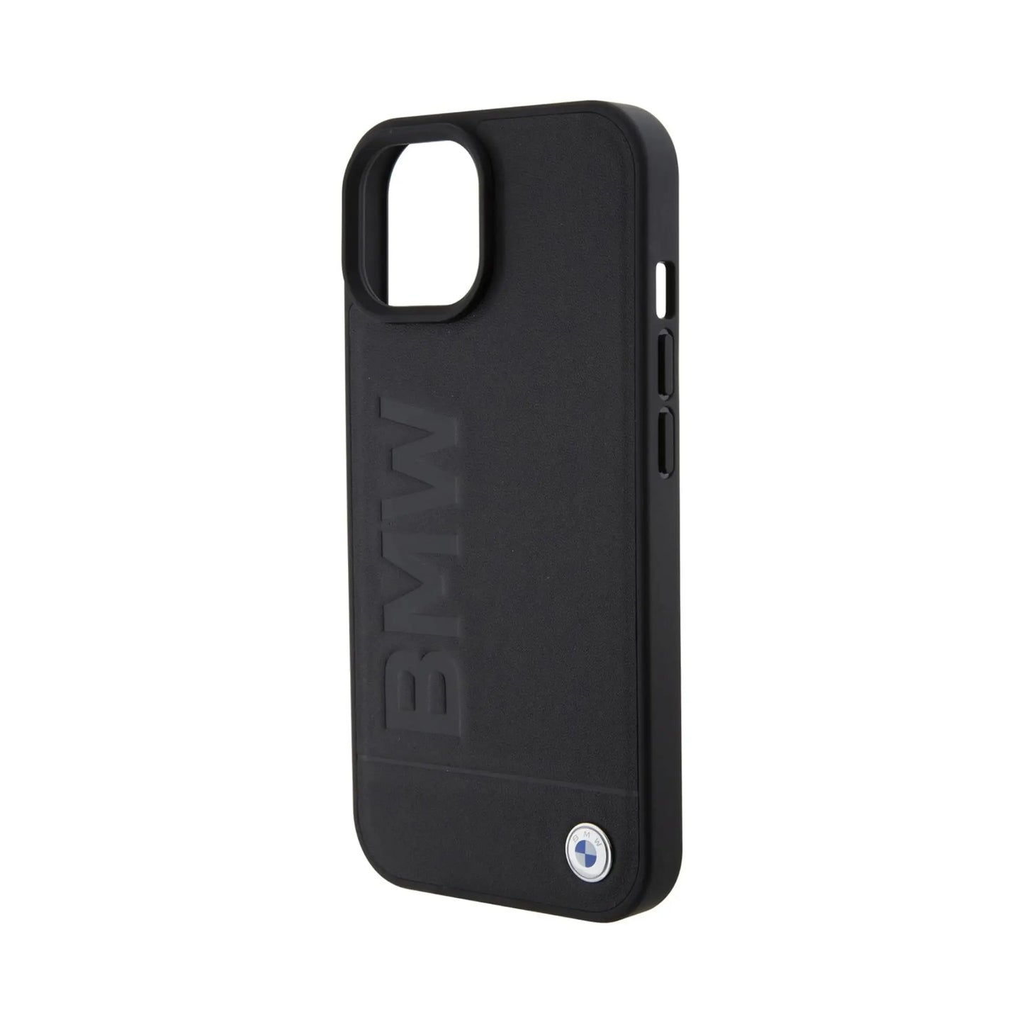 BMW iPhone 15 Hülle, Schwarz – Leder Hot Stamp MagSafe