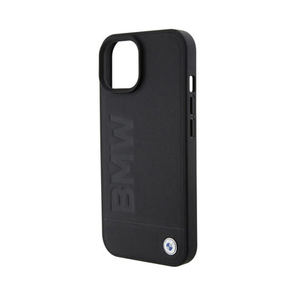 BMW iPhone 15 Hülle, Schwarz – Leder Hot Stamp MagSafe