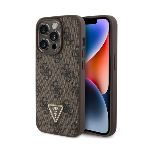 Guess GUHCP15XP4TDPW Leder 4G Triangle Strass Hülle Braun – iPhone 15 Pro Max