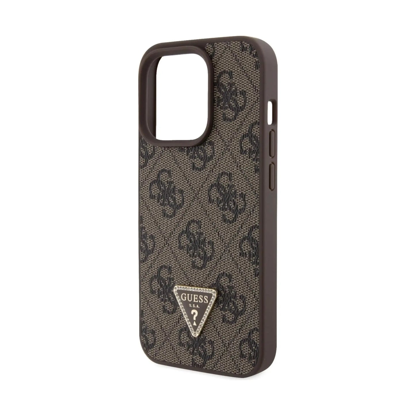 Guess GUHCP15XP4TDPW Leder 4G Triangle Strass Hülle Braun – iPhone 15 Pro Max