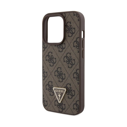 Guess GUHCP15XP4TDPW Leder 4G Triangle Strass Hülle Braun – iPhone 15 Pro Max