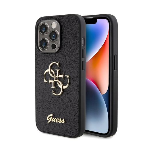Guess Glitter Script Big 4G Hülle Schwarz – iPhone 15 Pro