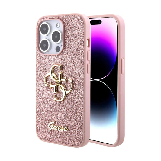 Guess iPhone 15 Pro Hülle GUHCP15LHG4SGP, Rosa – Glitter Script Big 4G