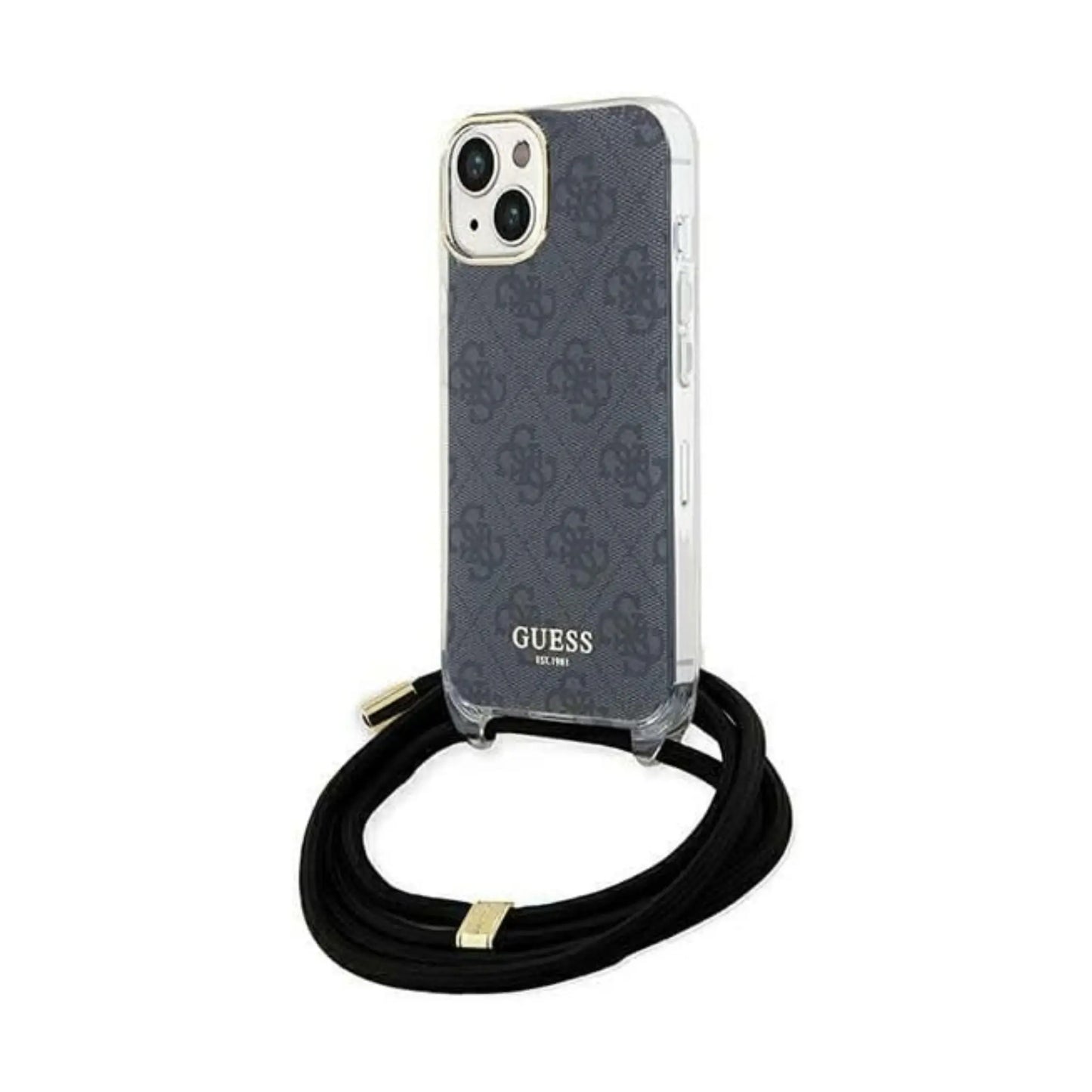 Guess iPhone 15 Hülle, Schwarz – Crossbody Cord 4G Print
