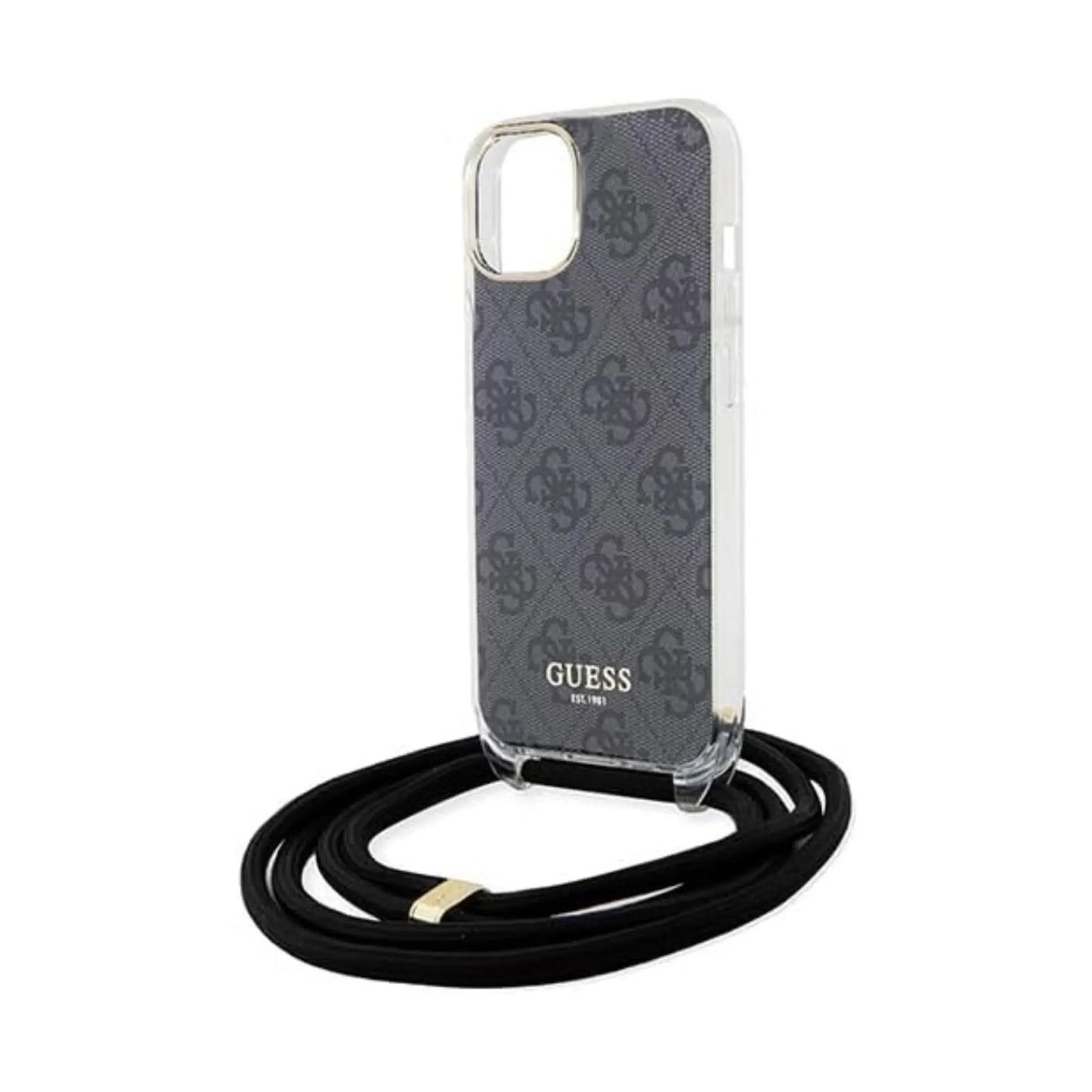 Guess iPhone 15 Hülle, Schwarz – Crossbody Cord 4G Print