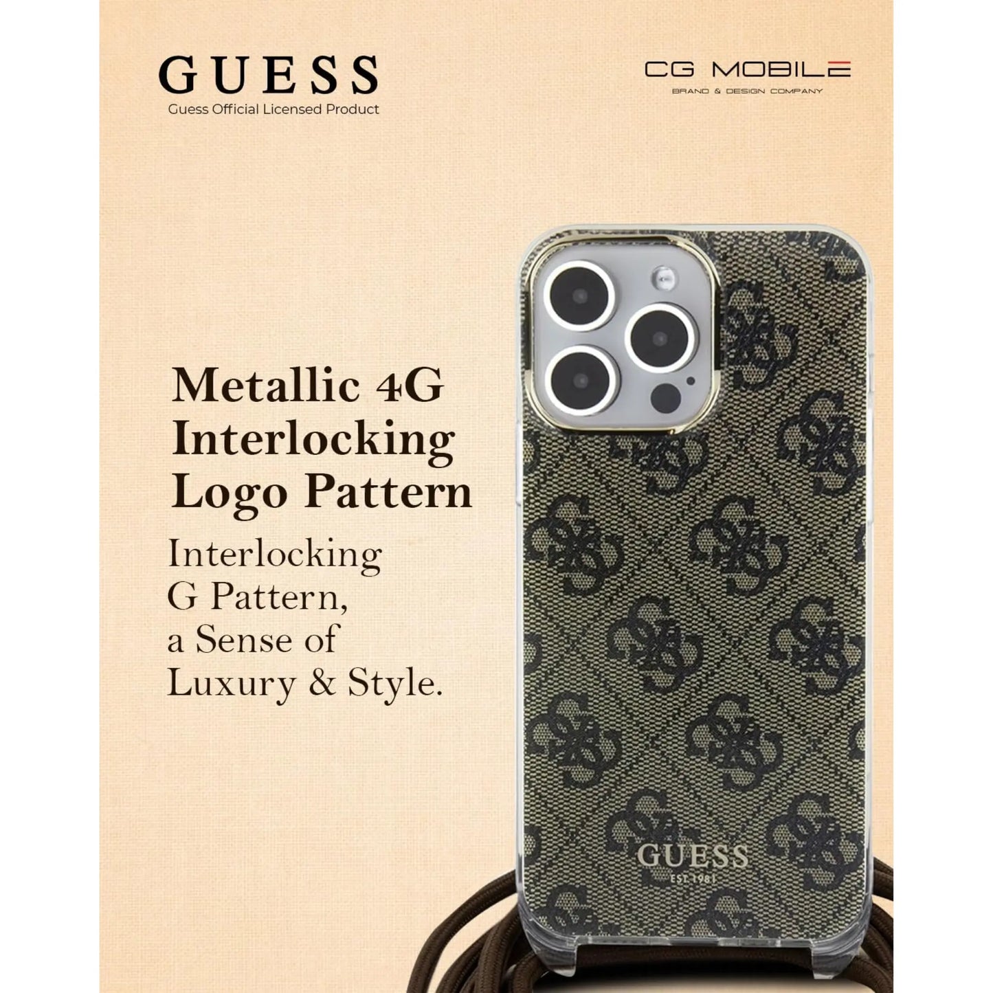 Guess Hülle Crossbody Cord 4G Print Braun - iPhone 15 Pro Max