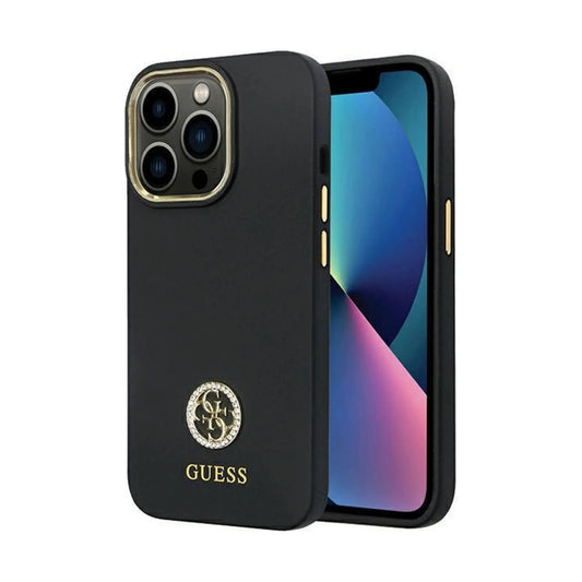 Guess Hülle Silikon Logo Strass 4G Schwarz Gold - iPhone 13 Pro Max