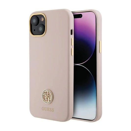 Guess iPhone 15 Plus Hülle, Pink – Silicone Logo Strass 4G