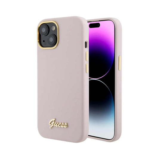 Guess Hülle Silikon Script Metal Logo Frame Rosa - iPhone 15