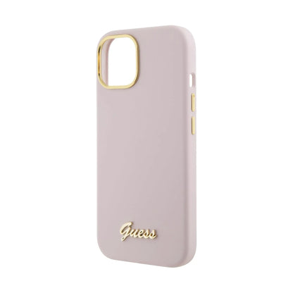 Guess Hülle Silikon Script Metal Logo Frame Rosa - iPhone 15