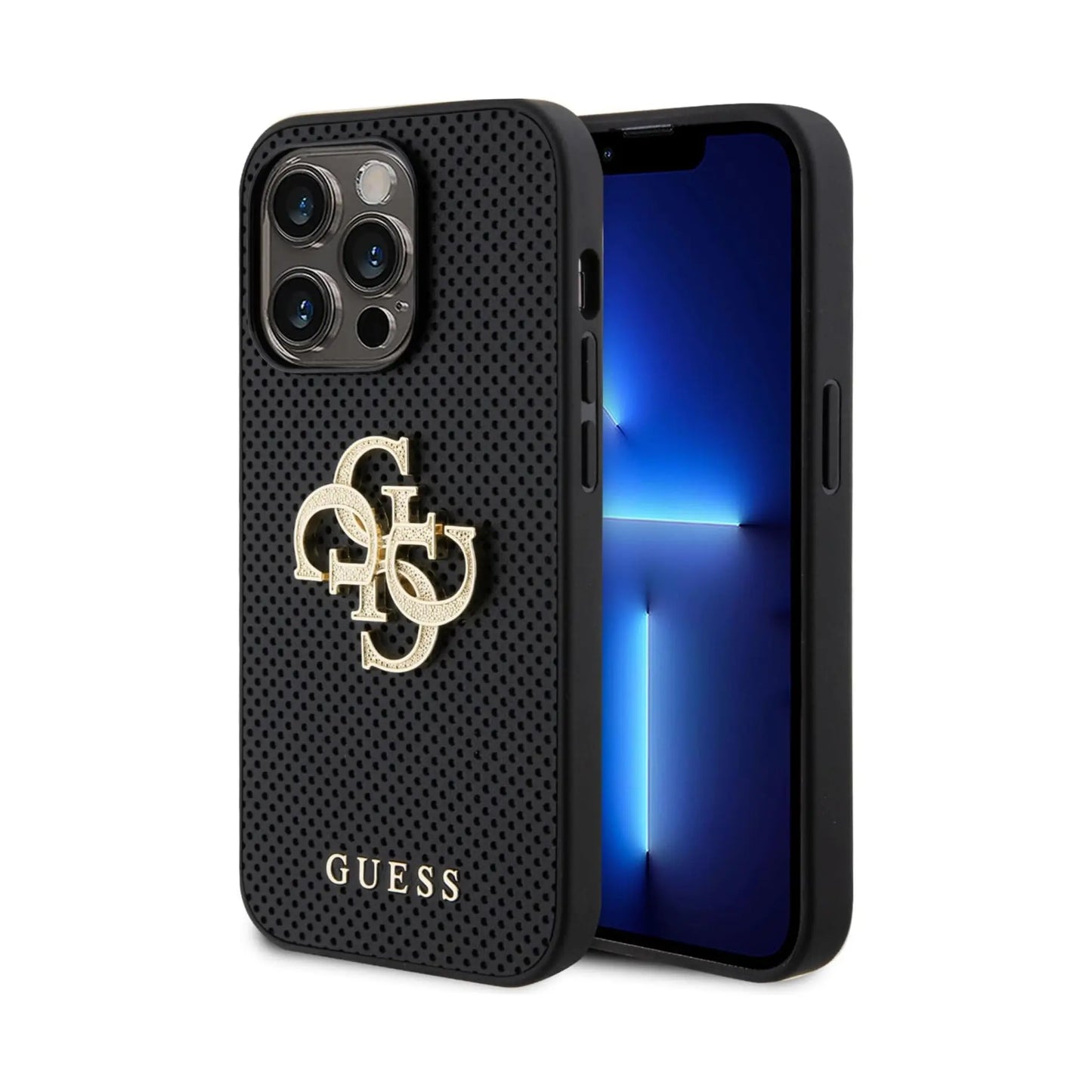 Guess Hülle Leder Perforiert 4G Glitzer Logo Schwarz - iPhone 15 Pro Max
