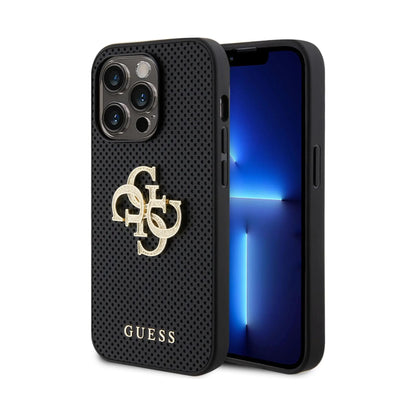 Guess Hülle Leder Perforiert 4G Glitzer Logo Schwarz - iPhone 15 Pro Max