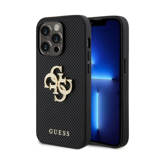 Guess Hülle Leder Perforiert 4G Glitzer Logo Schwarz - iPhone 15 Pro Max