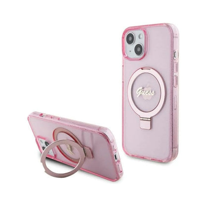 Guess Hülle Ring Stand Script Glitter MagSafe Pink - iPhone 15 Plus