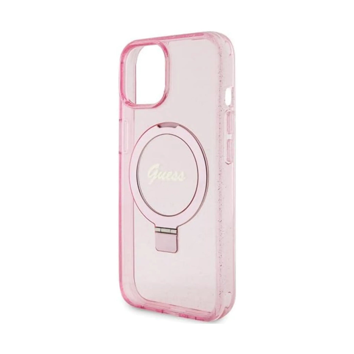 Guess Hülle Ring Stand Script Glitter MagSafe Pink - iPhone 15 Plus