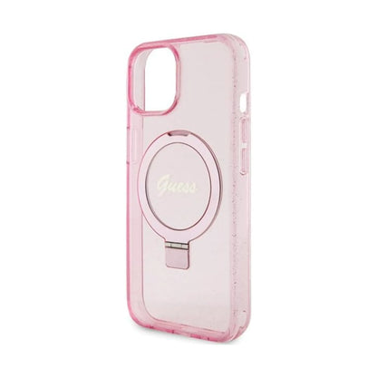 Guess Hülle Ring Stand Script Glitter MagSafe Pink - iPhone 15 Plus