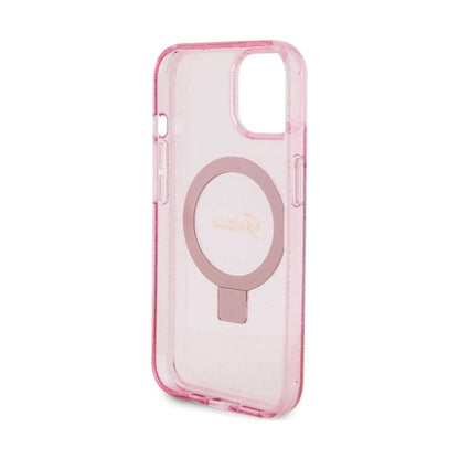 Guess Hülle Ring Stand Script Glitter MagSafe Pink - iPhone 15 Plus