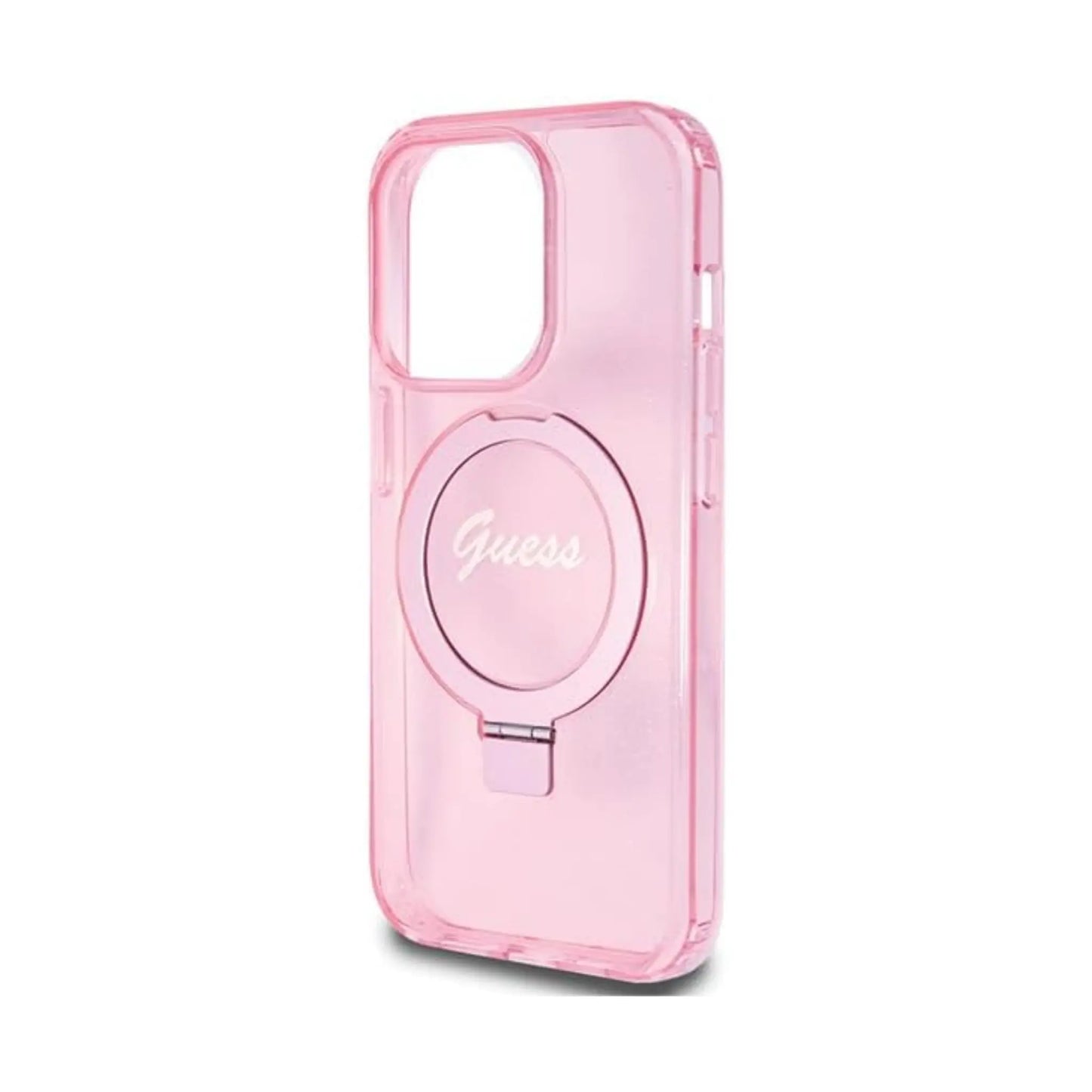 Guess Hülle Ring Stand Script Glitter MagSafe Rosa - iPhone 15 Pro
