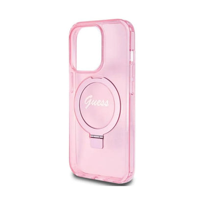 Guess Hülle Ring Stand Script Glitter MagSafe Rosa - iPhone 15 Pro